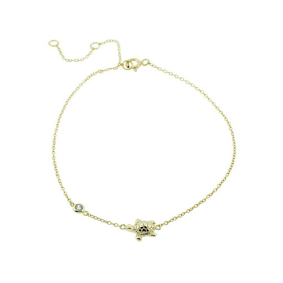 925 Sterling Silver Bezel-Set CZ Turtle Womens Link Chain Anklet Bracelet