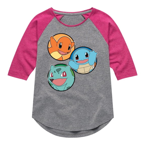 Pokémon - Squirtle, Bulbasaur, & Charmander Group - Youth Girls Raglan Graphic T-Shirt
