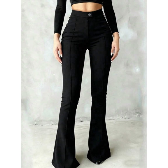 Women's High-Waisted Flare Pants, Front Seam Detail, Stretch Fabric, Suitable For Casual, Formal Occasions And Parties, Black