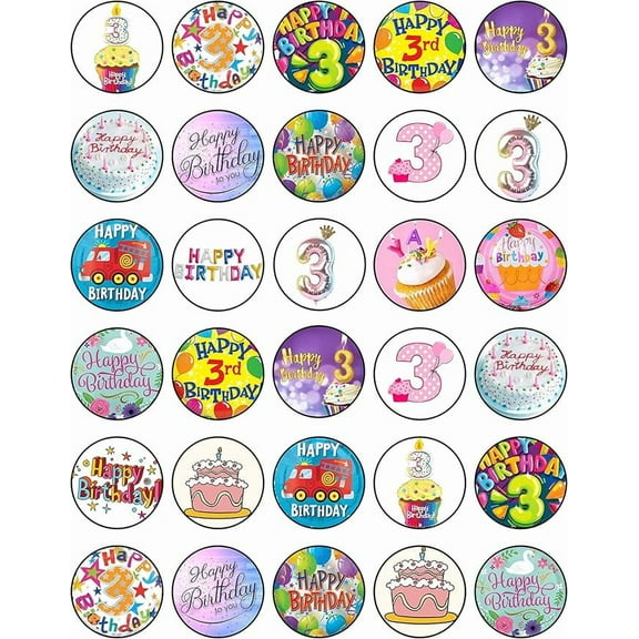 30x Edible Cupcake Toppers Themed of 3 RD Birthday Collection of Edible Cake Decorations | Uncut Edible on Wafer Sheet