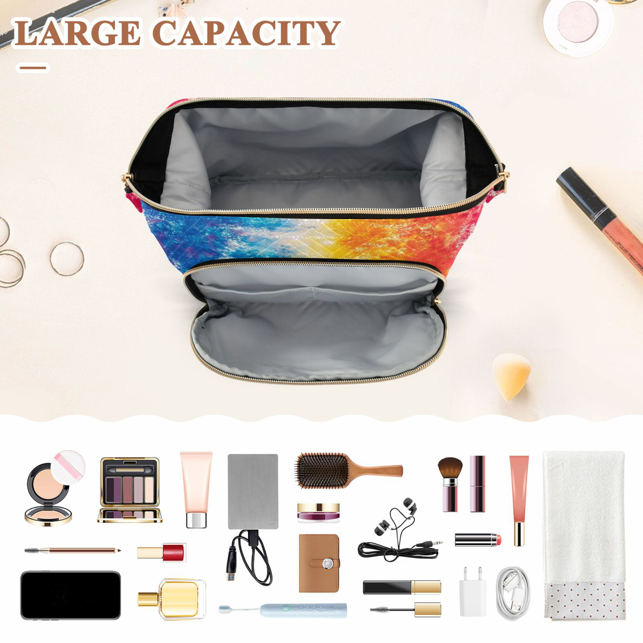 Wavy Quilted Cosmetic Bag Large-Capacity Travel Toiletry Organizer Includes 9-Piece Portable Travel Bottle Set Rainbow Color Tie-dye