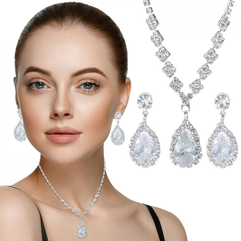 Jovati Bride Crystal Necklace Earrings Set Wedding Rhinestone Choker  Necklace Prom Costume Jewelry Set for Women and Girls(3 piece set - 2  earrings and 1 necklace) for Valnetine's Day Gift Teen Girls 