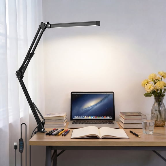 Coliware LED Desk Lamp with 12.5” Light Bar, 3 Color Temperatures 10 Brightness Levels Eye Friendly Lamp with Padded Clamp Flexible Long Arm, USB Powered Table Light for Home Office