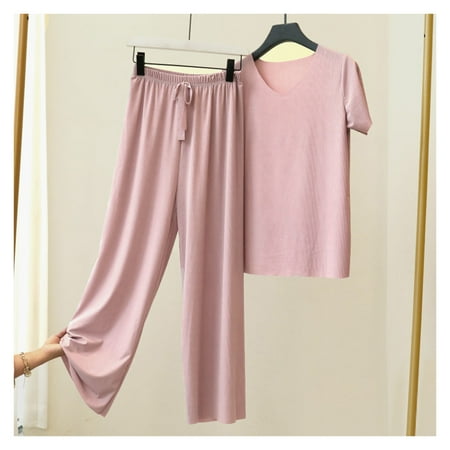 

Women s 2-Piece Summer Pajama Short Sleeve Tee & Loose Wide-Leg Pants Sleepwear Lavender 2XL
