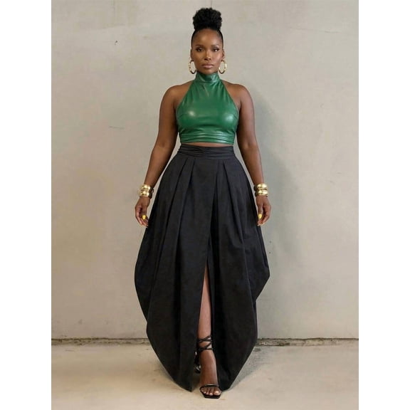 Black Oversized Pleated Maxi Skirt With Front Slit, Elegant Resort Style For Daily Wear And Parties