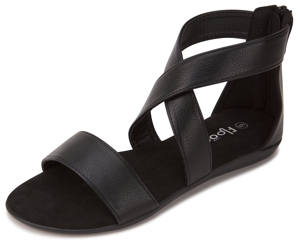 Floopi Sandals for Women Open Toe Memory Foam Insole Comfy Gladiator/Criss Cross-Design Summer Sandals W/Zip Up Back Faux Leather Ankle Straps W/Flat Sole