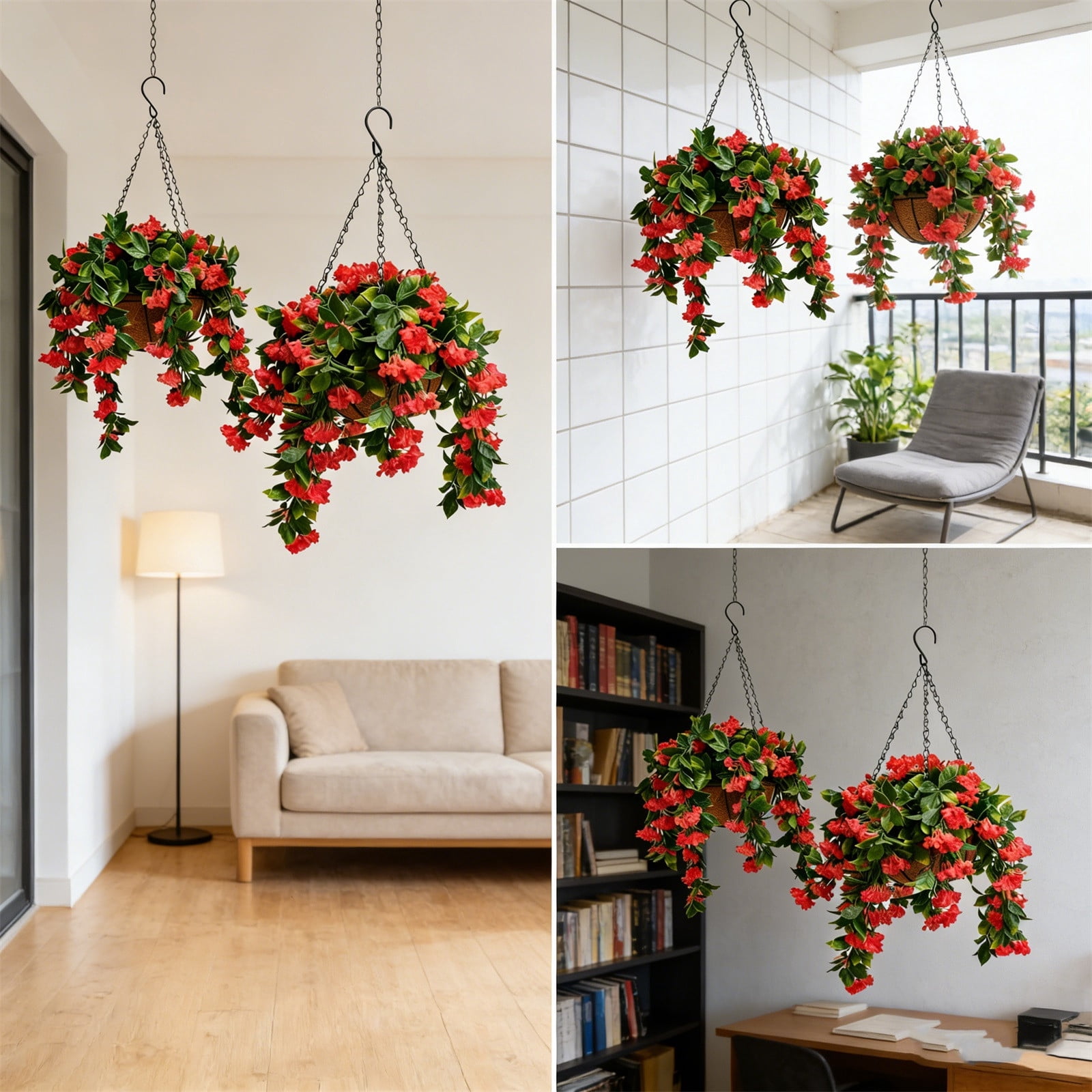 Set of 2 Artificial Hanging Baskets – 15 Inch Faux Crepe Myrtle Flowers with Chain, UV Resistant Fake Plants for Outdoor Patio, Porch, Balcony, & Spring Summer Decor,A