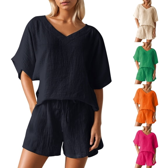 ibiyuan 2 Piece Outfits For Women Women's Summer Casual Outfit Pleated Short Sleeve Top and Shorts Two Piece Set