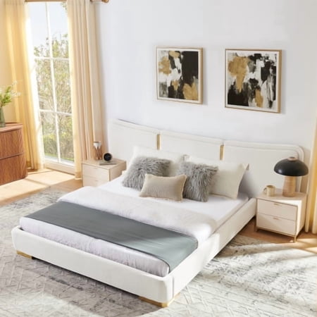 Queen Size Platform Bed, Modern Soft Chenille Fabric Frame with Curved Headboard, Reinforced Metal Legs and DIY Side Space for Bedroom, Beige