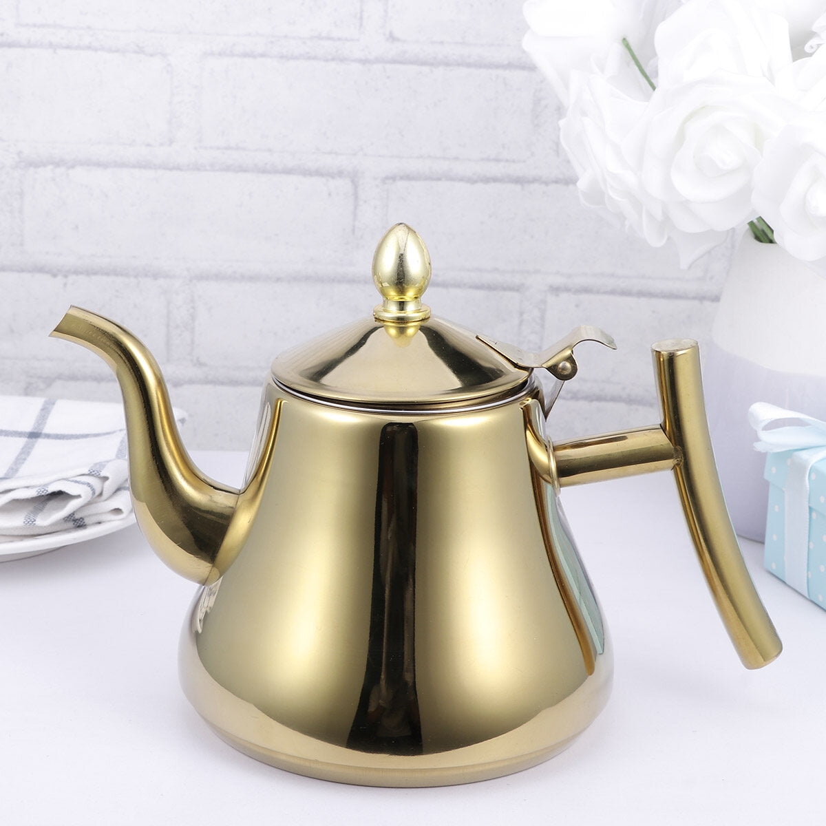 1pc Stainless Steel Water Kettle TeaPot with Filter - Thick and Durable,  Induction Cooker Compatible, Golden Silvery Finish, Perfect for Tea and  Coffee Lovers