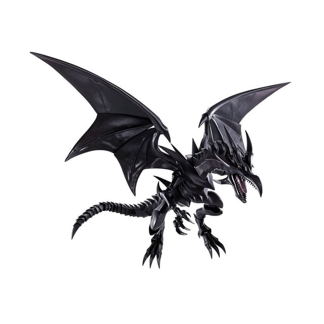 figura bandai sh monsterarts yu gi oh red eyes black dragon 8.70 pulgadas figura de acción coleccionable en pose aérea 3/4, color negro, alas desplegadas, cola segmentada y mandíbula abierta; articulada, incluye partes de efecto Dark Mega Flare y base de exhibición, 8.70 pulgadas (22.10 cm). A menudo usada como pieza central en vitrinas de coleccionista.