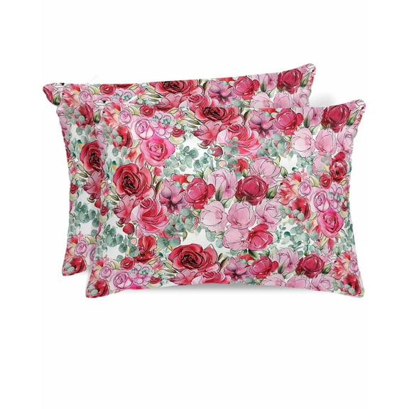 Hokiten King Size Pillow Cases Set of 2, Pillow Covers for Bed, Valentine's Flower, Satin Pillowcases with Zipper for Hair/Skin, Romantic Rose Floral Eucalyptus Leaves 20x36 Inches