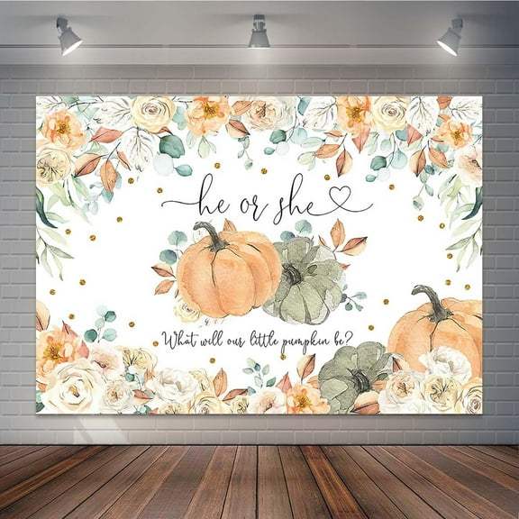 Greenery Pumpkin Theme Gender Reveal Beautiful Backdrop He or She Autumn Fall Baby Shower Background Eucalyptus Leaves Boy or Girl Party Decorations Cake Table Banner