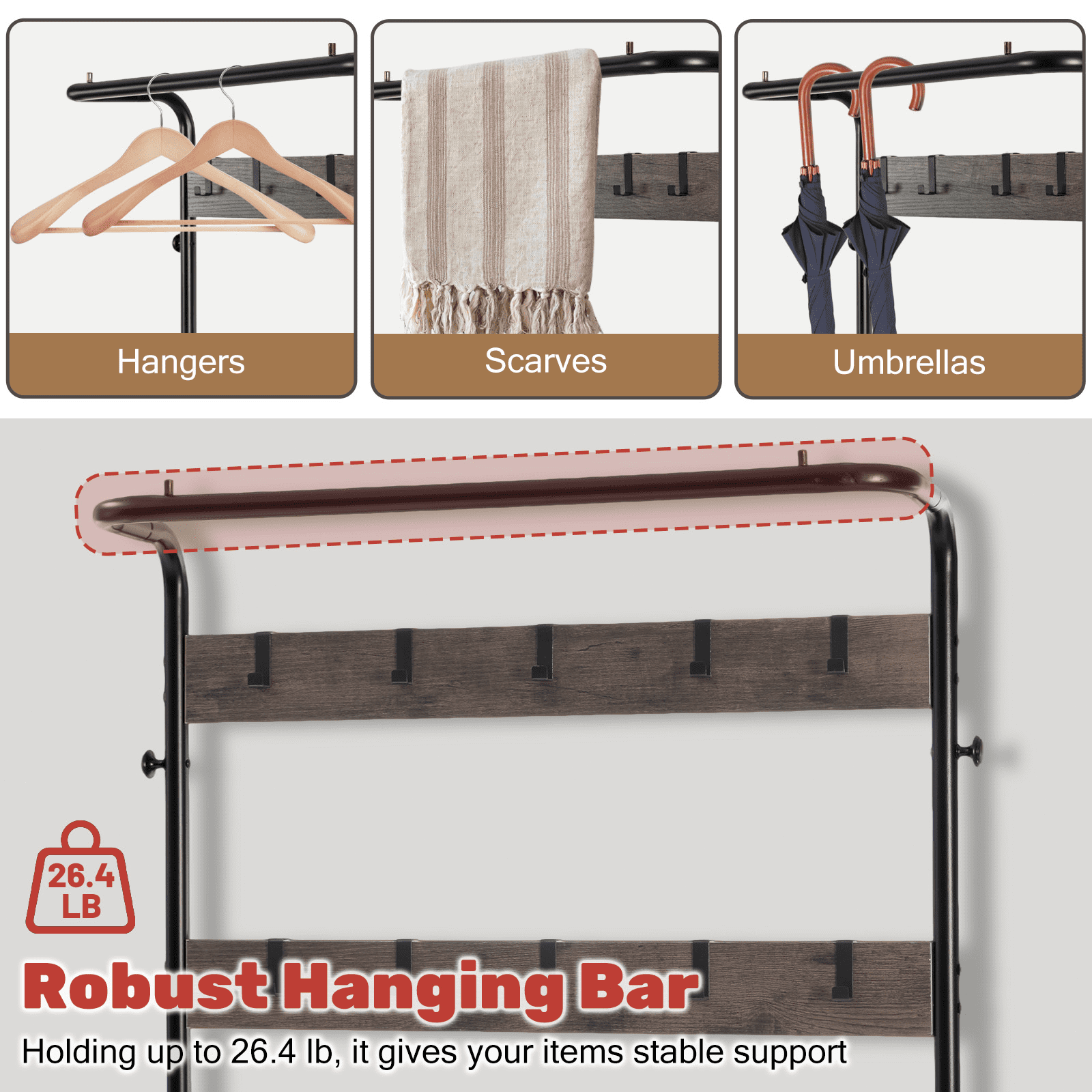 ZIVACATE Coat Rack, Hall Tree with Shoe Storage Bench, Entryway Bench with Shoe Storage, 4-in-1, Steel Frame, for Entryway, 28.35 x 13.27 x 72.05 in,Grey