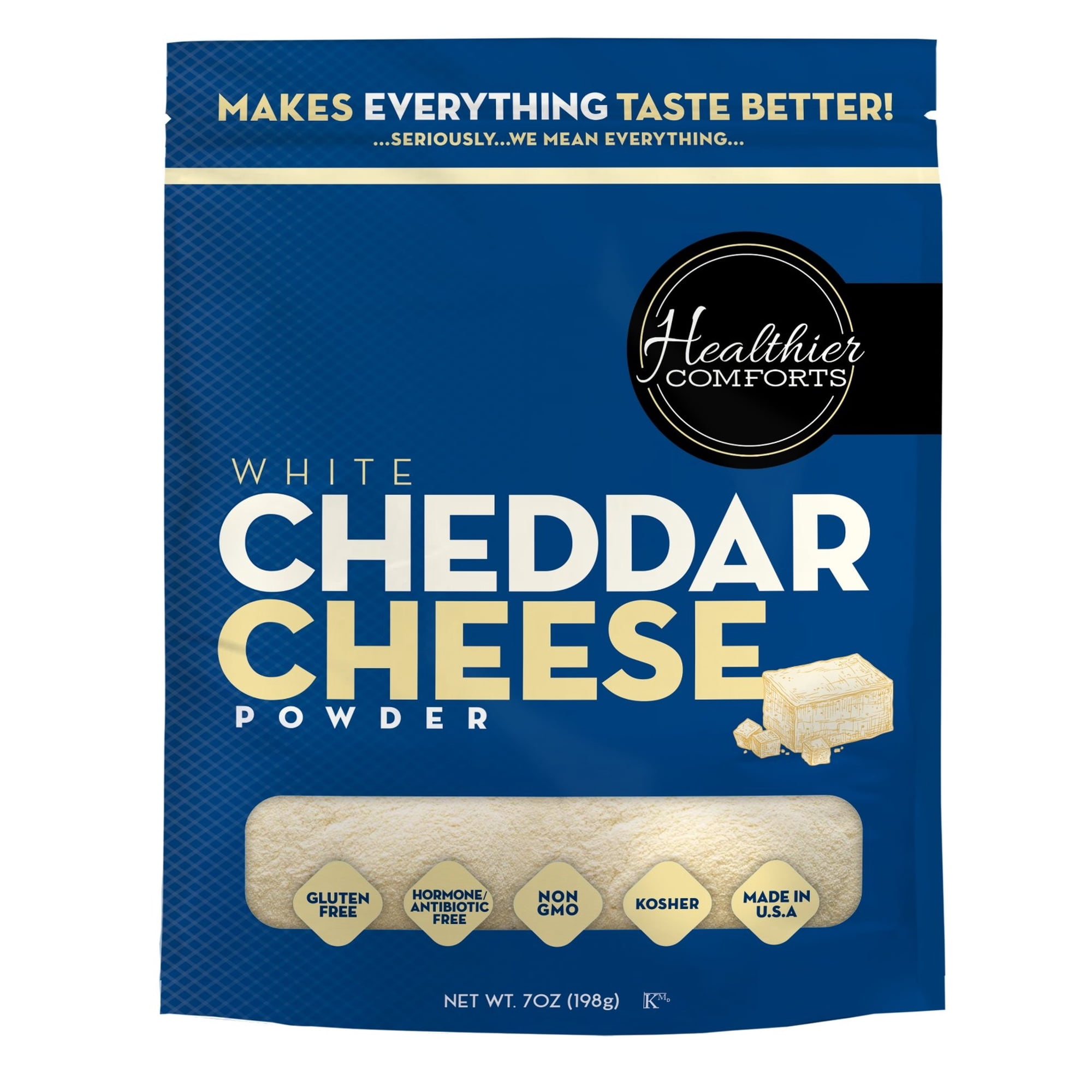 Healthier Comforts White Cheddar Cheese Powder 7oz | Gluten-Free Kosher Keto-Friendly Non-GMO Antibiotic & Hormone Free | Popcorn Seasoning Mac and Cheese Pasta & Sauces | Made in USA