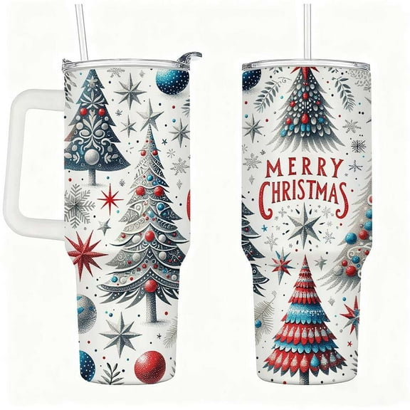 Merry Christmas Stainless Steel Tumbler with Straw and Handle, Holiday Tree & Ornaments Design, Insulated Hot Cold Travel Mug