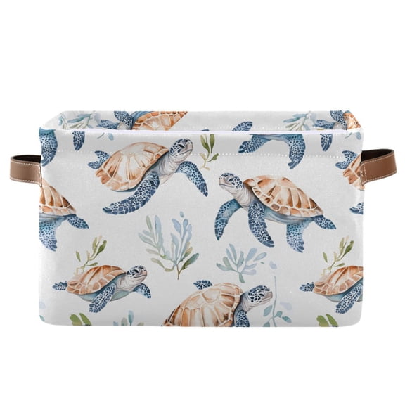 Storage Bins with Handle Fabric Organizer Basket Foldable Box 1 Pack Watercolor Turtle Waterweed 14.2x10.2x8.3