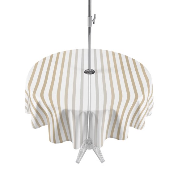 Outdoor Tablecloths with Umbrella Hole & Zipper, Ombre Beige Grey Striped Round Tablecloth 54 Inch, Farmhouse Modern Stripes Waterproof Table Cloth, Patio/Pool/Picnic Table Covers