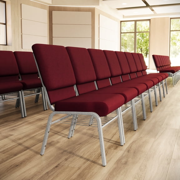 Flash Furniture 4 Pack 18.5''W Church Chair in Burgundy Fabric with Book Rack - Silver Vein Frame