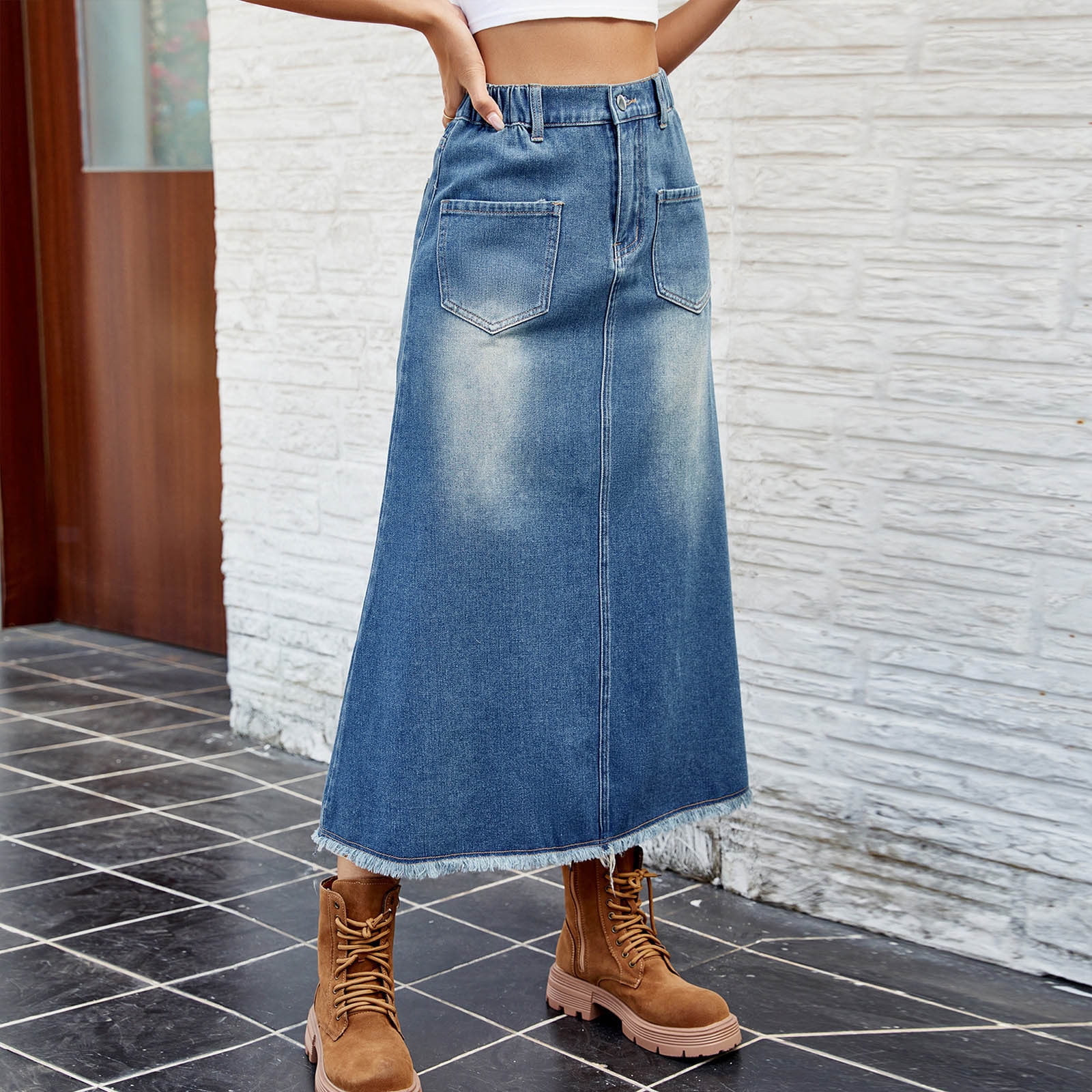 Cavosen Womens Skirts Knee Length Denim Midi Calf Length Jean Skirts Fray Hem Workwear Plain Summer Skirts Dress Button Zipper with Pocket Athletic Beachwear Resortwear Blue M