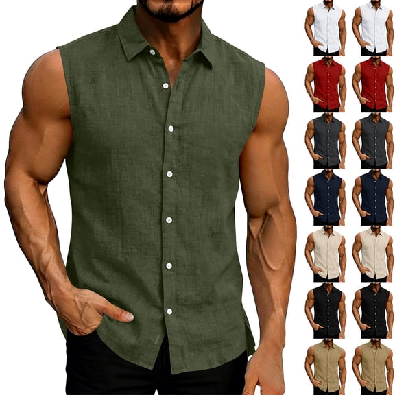 Purcolt Men's Cotton Linen Tank Tops Casual Sleeveless Collared Button Down Shirts Summer Beach Loose Fit Hawaiian Shirts