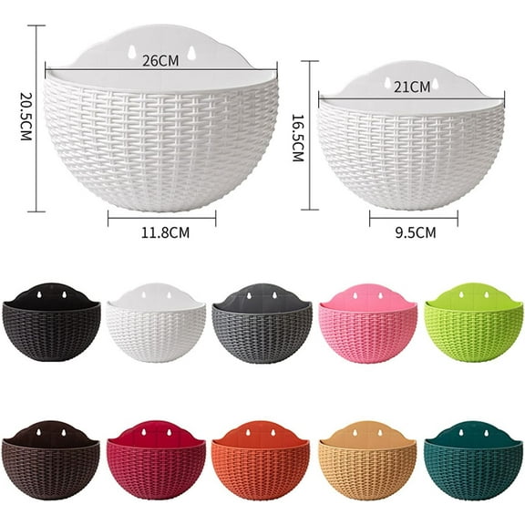 2 PCS Imitation Rattan Wall Hanging Planter,Semicircle Plastic Plant Baskets Container Flower Pot with Drainage and Hooks for Balcony Fence Wall Indoor Outdoor Home Office Decoration Gift