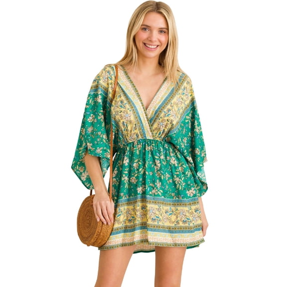 MixMatchy Women's Boho Floral Print Plunging Neck Kimono Sleeve Summer Mini Dress
