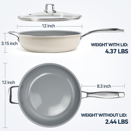 12 Inch Ceramic Nonstick Frying Pan with Lid - 5 QT Deep Saute Pan for All Stovetops
