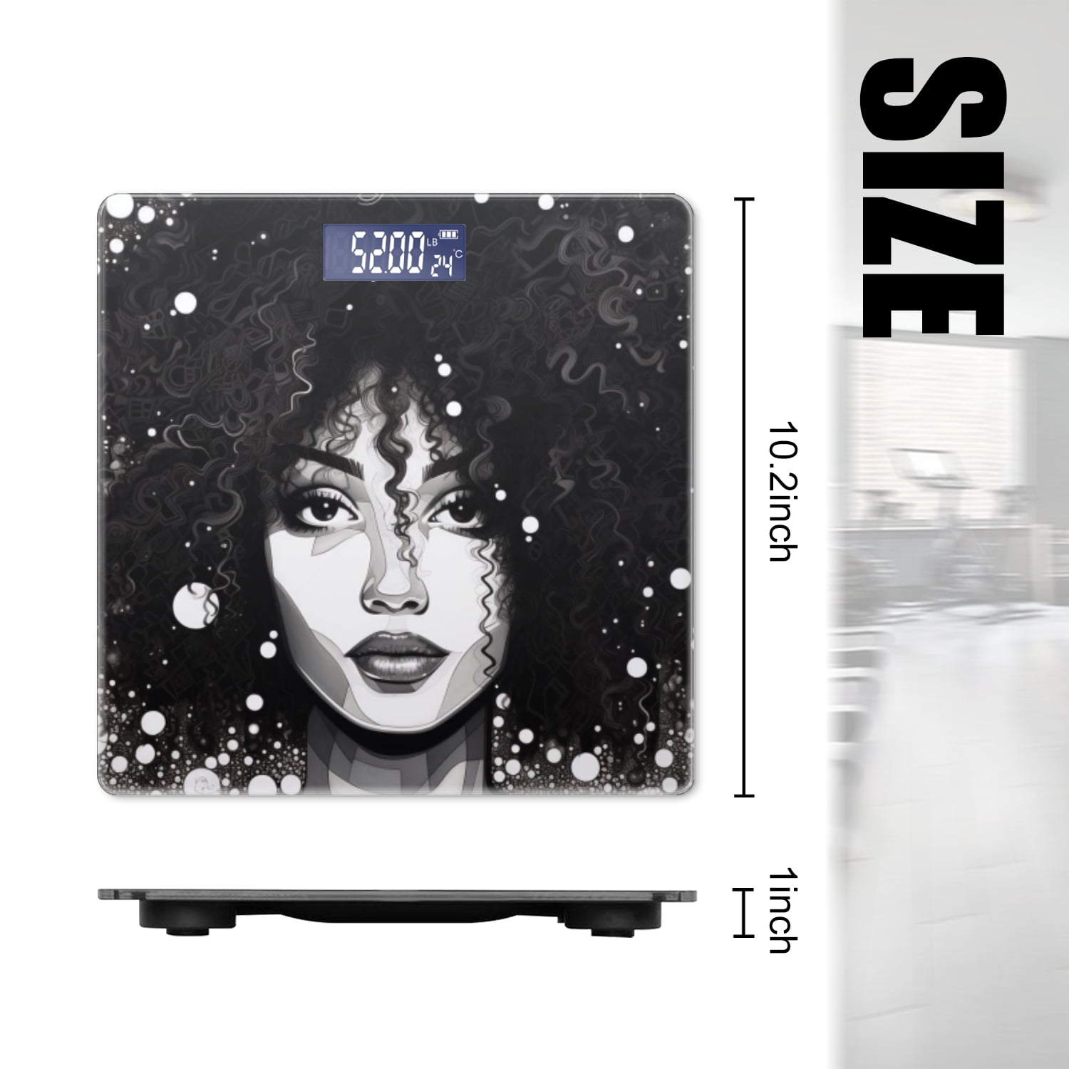 High Precision Body Weight Scale Smart Bathroom Scales with Large LCD Display(400lbs),Decorative for Bedroom-Beautiful Woman With Big Curly Hair And Detailed Face