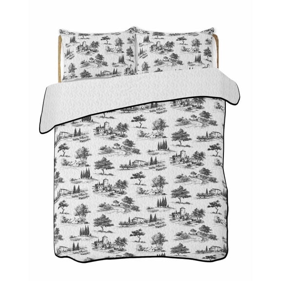 Twin XL Quilt Bedding Set, Farmhouse Country Reversible Summer Quilt 3 Pieces, Vintage Castle Trees Rustic Lightweight Bedspreads Coverlets with 2 Pillow Shams for All Seasons