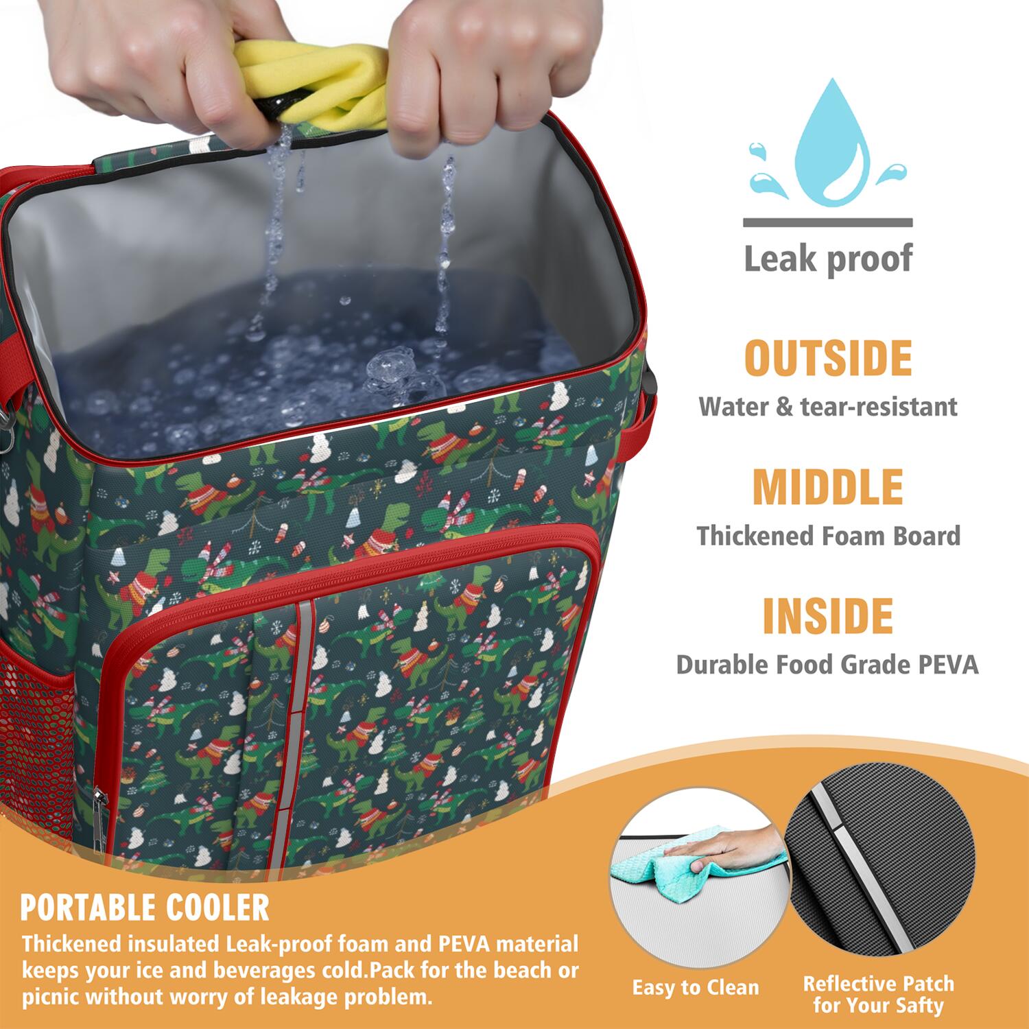 Travel Cooler Bag - Green Christmas Dinosaur and Snowman Pattern Camping Beer Cooler Backpack with Bottle Opener- Waterproof Insulated Picnic Backpacks - Cooler Bag for Beach