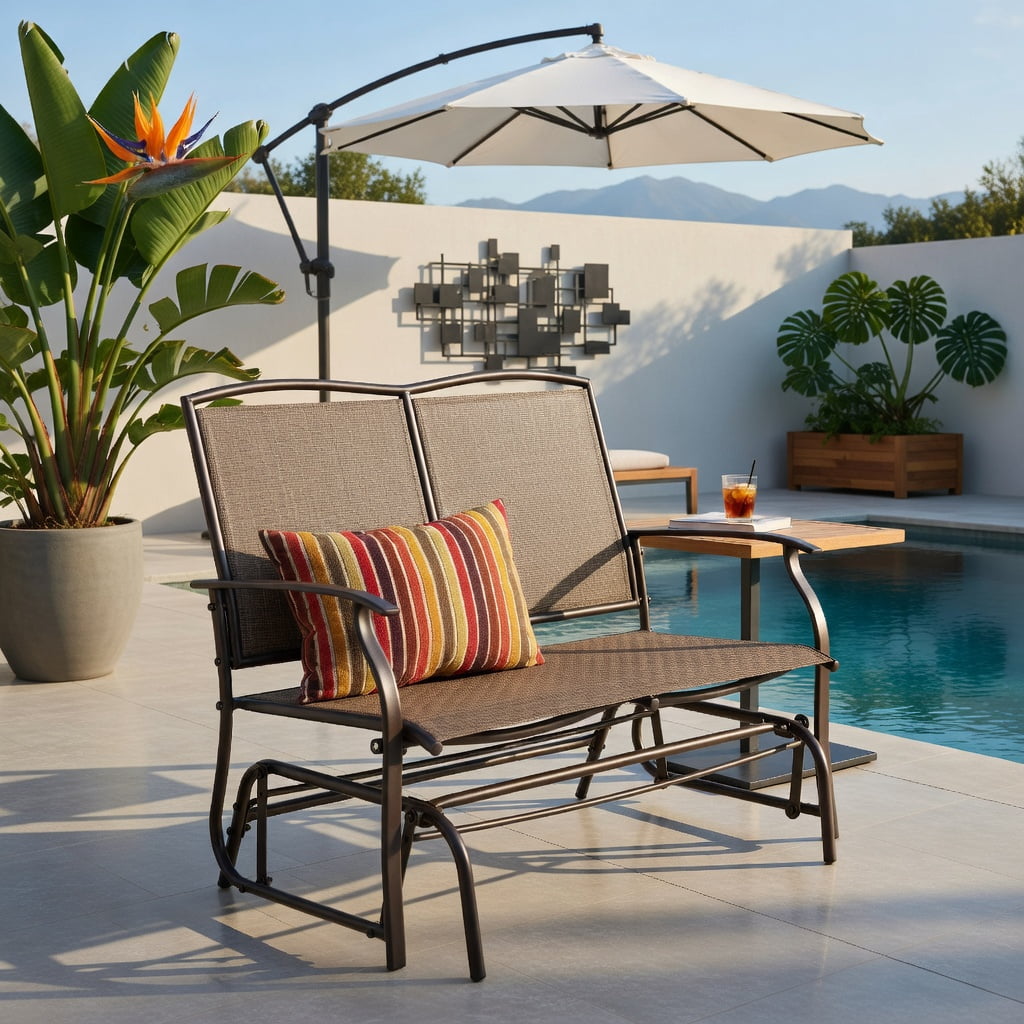 Hommoo Outdoor Steel Rocking Loveseat Chair, Textilene Seat, Backyard & Patio Relaxation Furniture, Brown