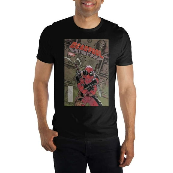 Deadpool Marvel Mens T-Shirt - Deadpool Posed Over Money Background (Small)