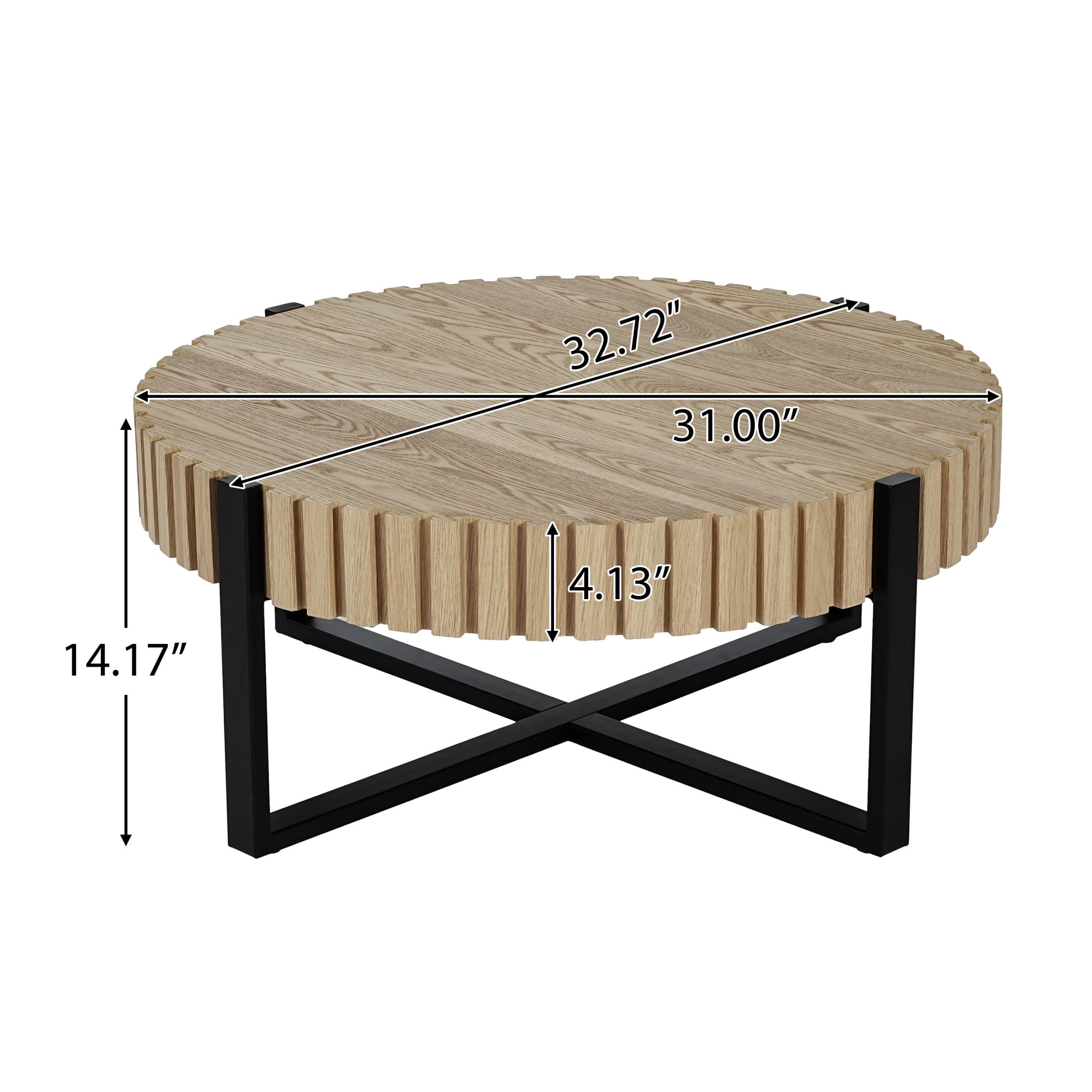 Christopher Knight Home 31" Round Coffee Table with Gear Design, Cross Metal Base, Black+Natural