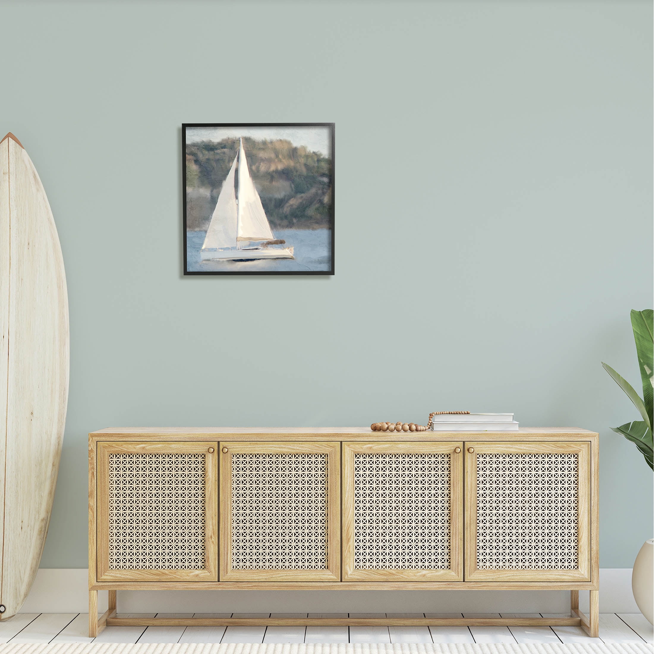 Stupell Industries Nautical Sailboat Rocky Mountain Cliffs Graphic Art Black Framed Art Print Wall Art, Design by Kim Allen