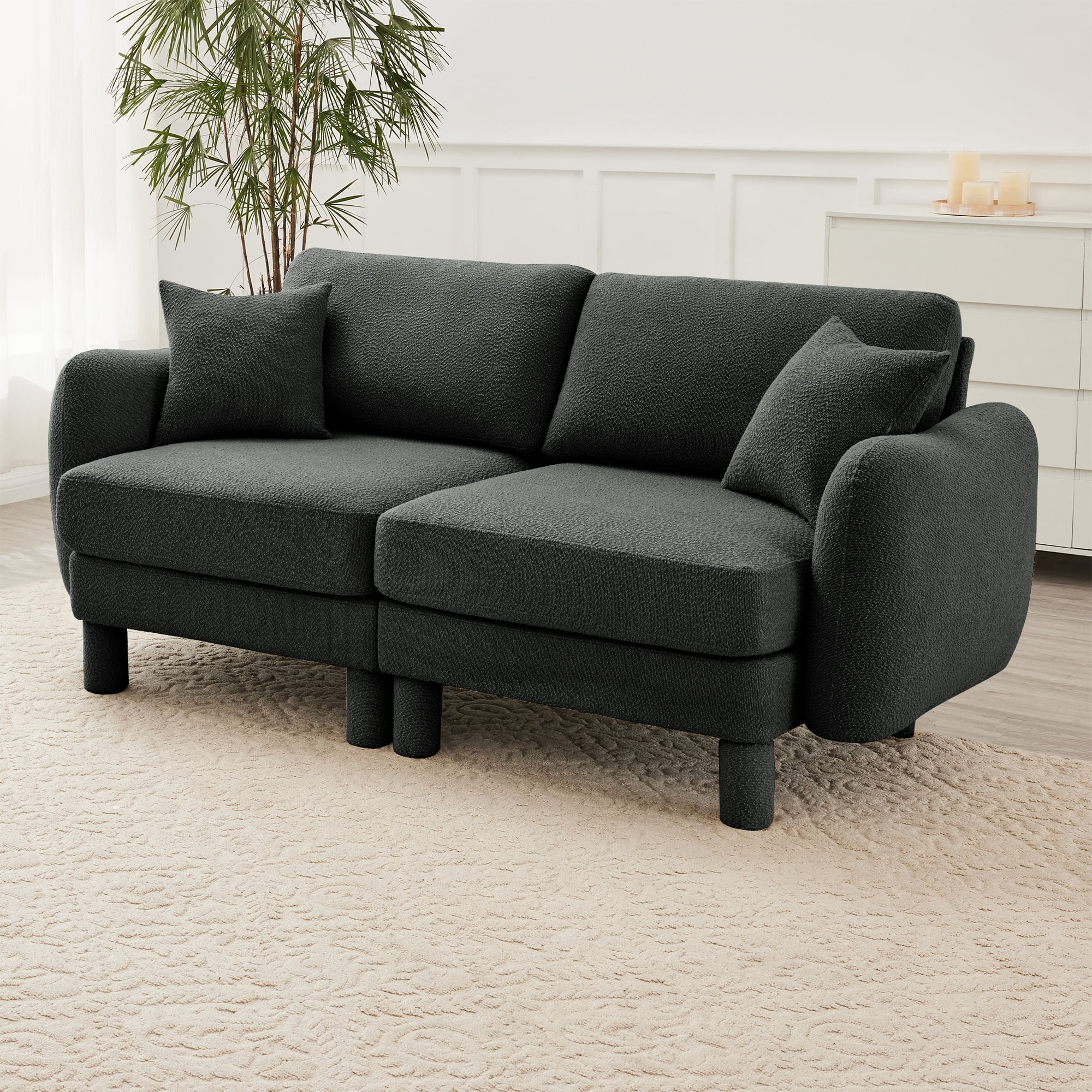 Gewnee Dark Grey 2-Seater Boucle Loveseat with Shell Armrests & Fabric-Wrapped Cylindrical Legs - Ideal for Bedroom Reading Nook, Home Office Lounge