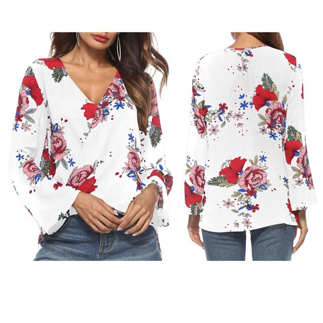 Camisas de playa sueltas con cuello en V de manga larga con tops florales casuales para mujer METRO Salvador Camisa floral con cuello en V para mujer