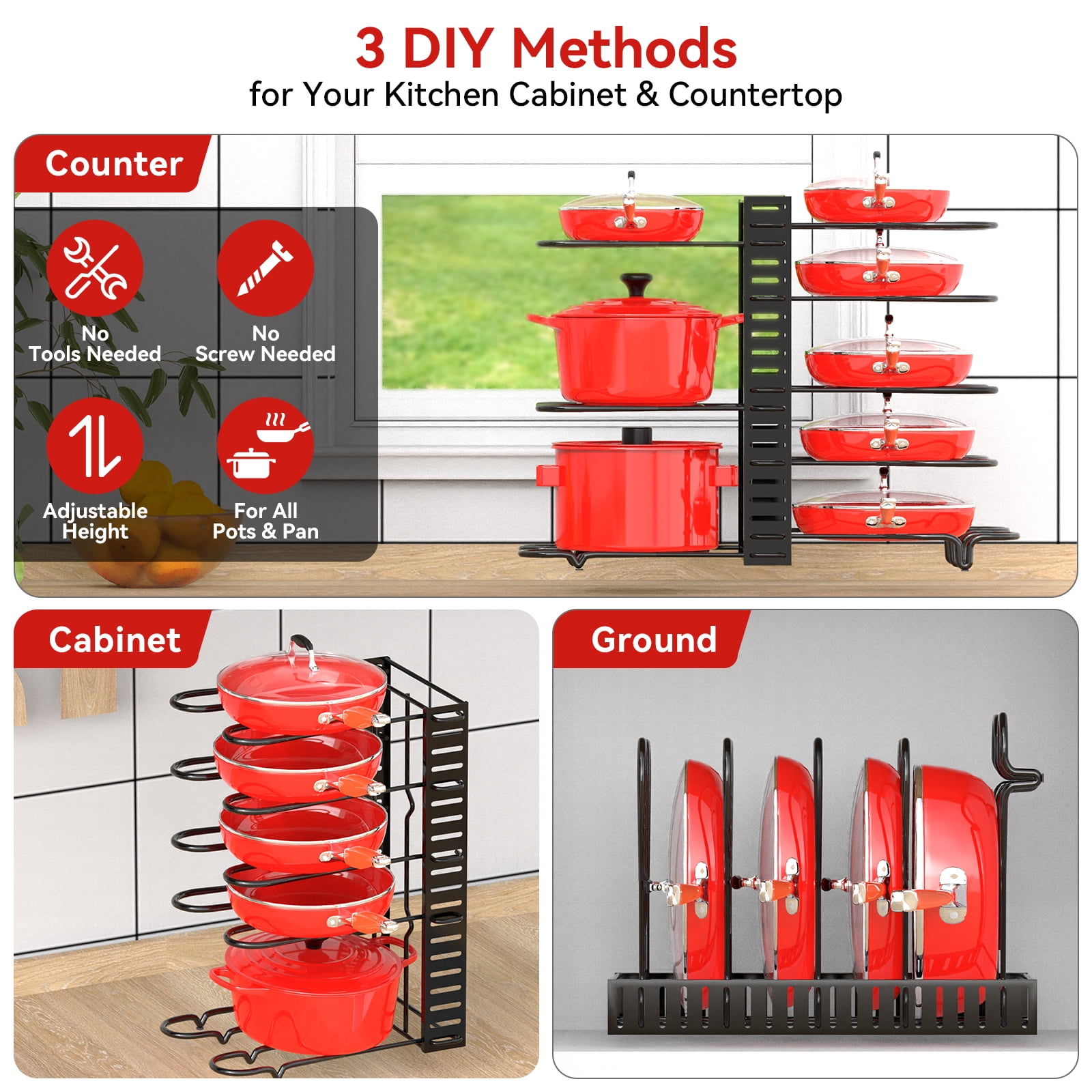 Behost 8 Tiers Pots and Pans Organizer, Adjustable Pot Rack with 3 DIY Methods for Cabinet Kitchen Organization Storage