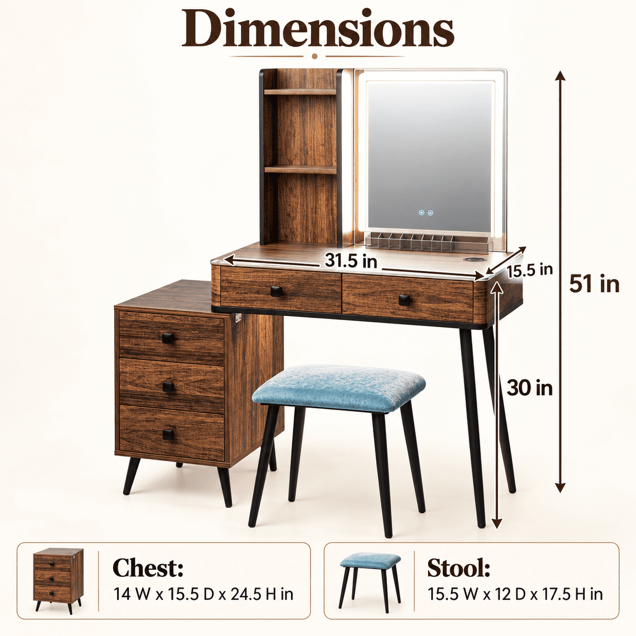 Furnibear Vanity Makeup Table Set with Lighted Mirror and Cushioned Stool, Vanity Desk with 3-Drawer Chest and Wireless Charging for Bedroom, Brown