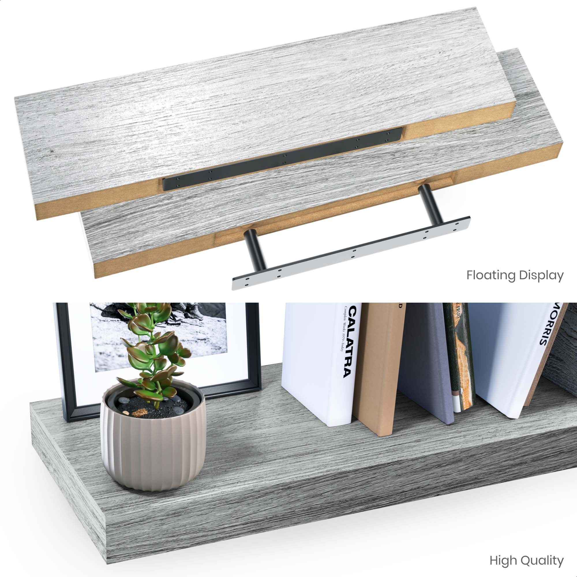 Ballucci 36" Floating Shelves, 2-Pack Wood Wall Shelf Set with Invisible Brackets, 6" Deep, Gray Oak