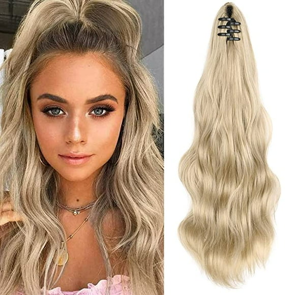 Ponytail Extension Claw Clip 16 24 Long Wavy Curly Hair Extension Jaw Clip Ponytail Hairpiece Synthetic Pony Tail (24 Inch, Ash Blonde)
