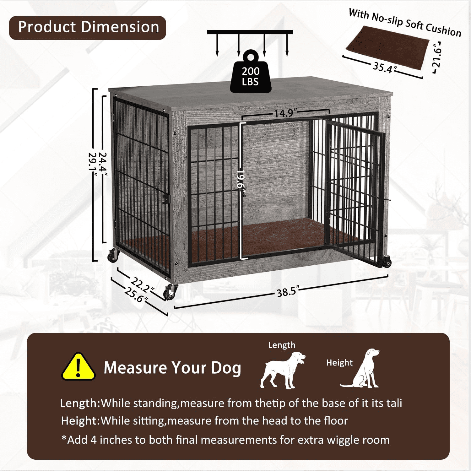 Waleaf Dog Crate Furniture with Cushion, Double Doors Wooden Dog Kennel Indoor with Wheels