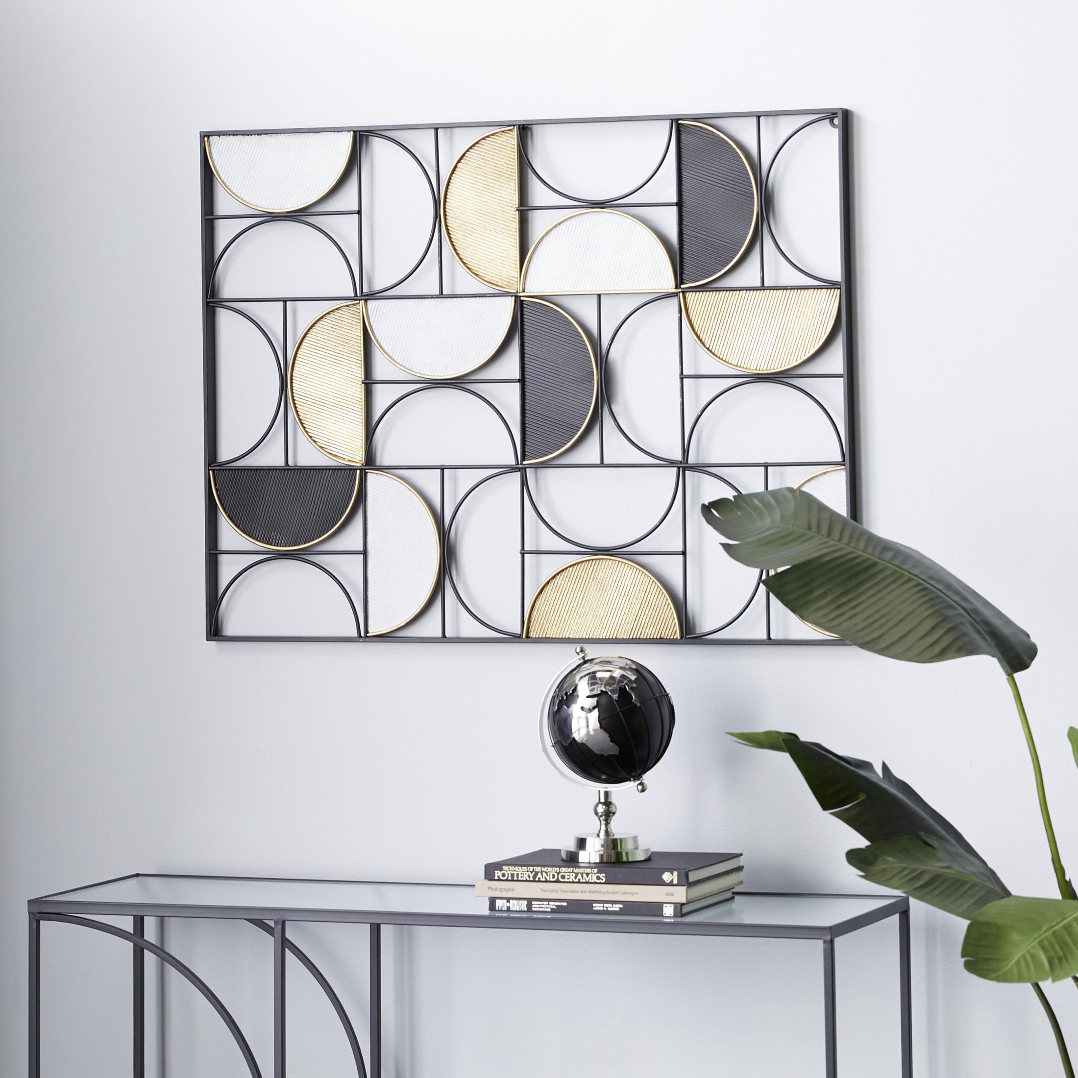 DecMode Black Metal Half Moon Geometric Wall Decor with Gold Details