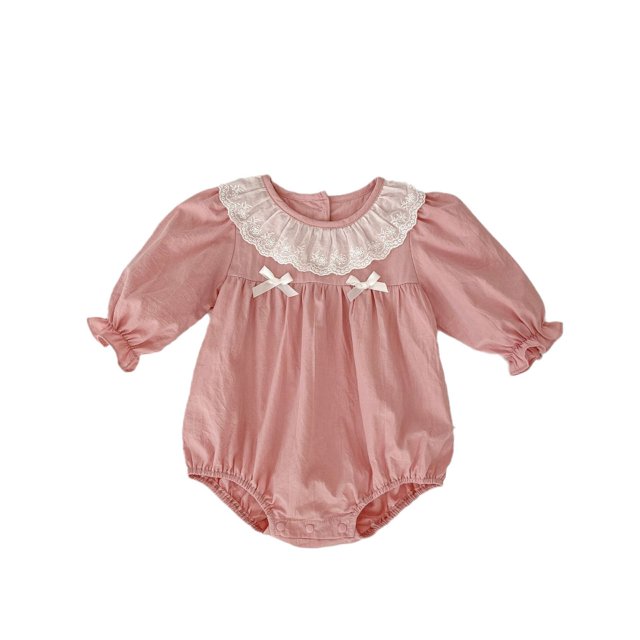 2025 ropa de primavera para niñas, mono con agradable arco, mono infantil con cuello de hoja de loto de encaje, mono infantil de manga larga de una pieza de 0 a 2 años