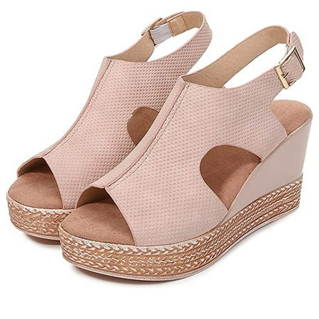 

BRISEZZS Women s Platform Sandals Fish Mouth Wedges Casual Hollow Summer Slide Sandals #102 Pink