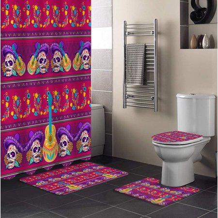 ZHANZZK Halloween 4 Piece Bathroom Set Shower Curtain Bath Rug Contour Mat and Toilet Lid Cover