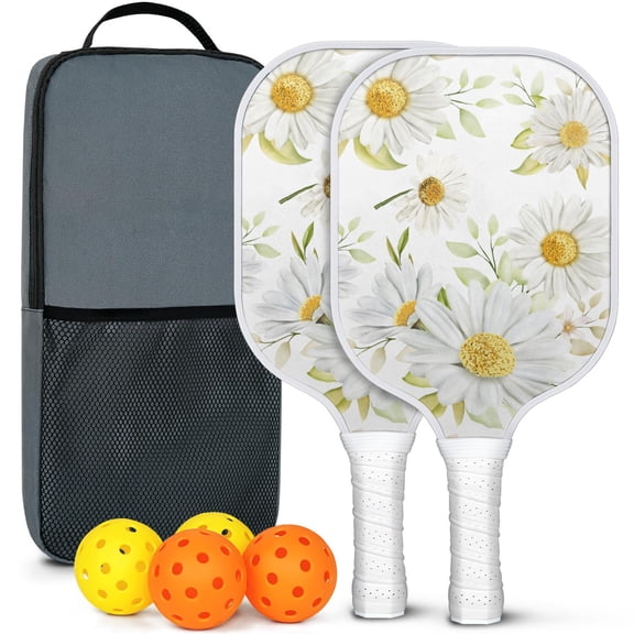 Pickleball Paddles Set Of 2, Fiberglass Surface, Daisy Floral Print, 4 Balls & Bag