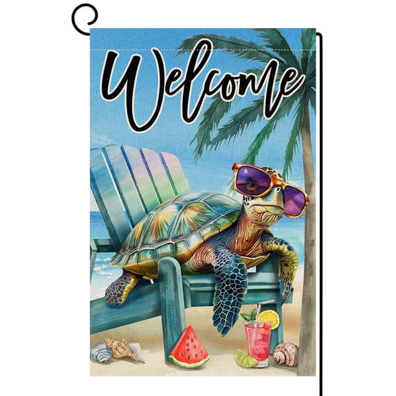Summer Beach Vertical Burlap Garden Flag Sea Turtle Blue Welcome Ocean 12x18 Double Sided Yard Decor BW814