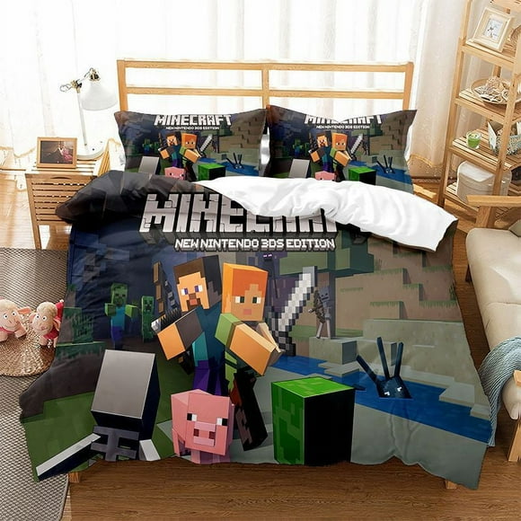 Minecraft Bed Sheet Set, Duvet Cover, 3D Printing Three-piece Set-ZJKDGJKJ