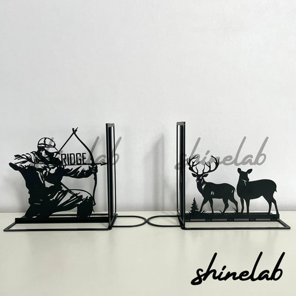 Shinelab Deer Hunting Metal Bookends Custom Hunter Name Bookend Gift, Animal Desk Bookshelf Decor 6701